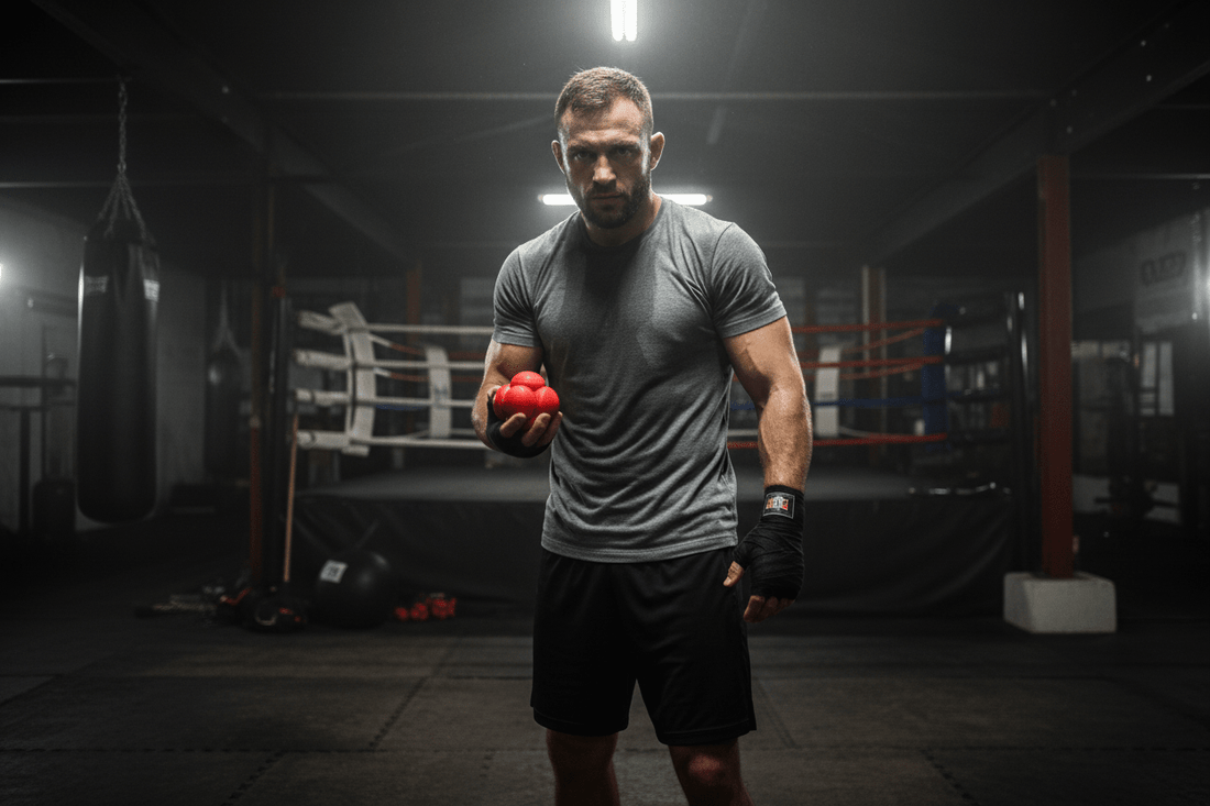 NeuroBall™ 5,5 cm balle de réflexes rouge multi-sphères dans la main d'un combattant MMA, entraînement réflexes esquive et coordination arts martiaux
