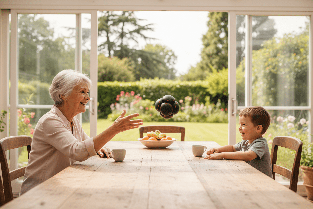 Senior et son petit-fils à une table dans la véranda avec vue sur le jardin, NeuroBall™ 14 cm balle de réflexes multi-sphères en action, exercices d'équilibre et prévention des chutes