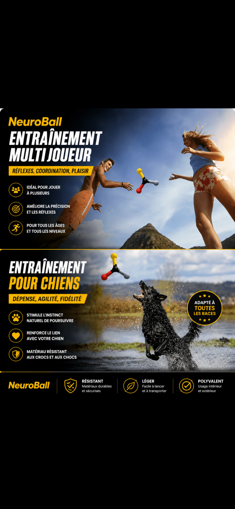 NeuroBall Pro - Couple utilisant la NeuroBall balle de réflexes en duo et chien sautant pour l'attraper
